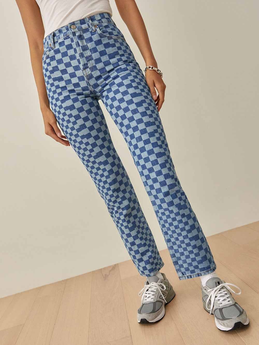 Reformation Cynthia Checkerboard High Rise Straight Jeans